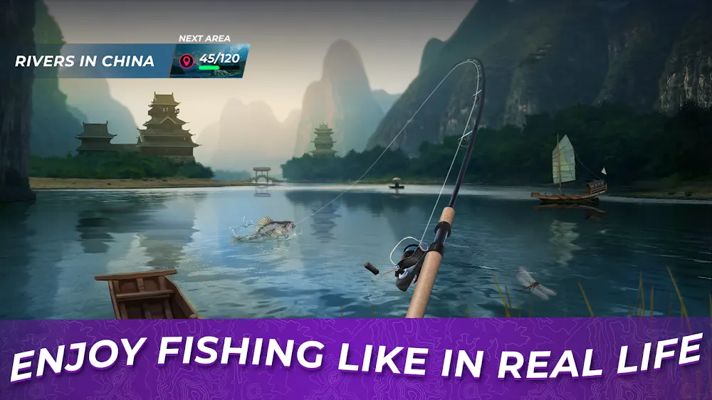 Imagem do jogo Fishing Rival num rio da China, com a cana dobrada